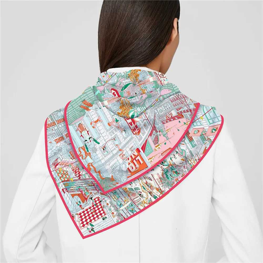 90CM Casual Fashion Twill Silk Scarf for Women City of Paris Print Wraps Headband Shawl Stoles Hijab Lady Square Foulard Bandana W251021