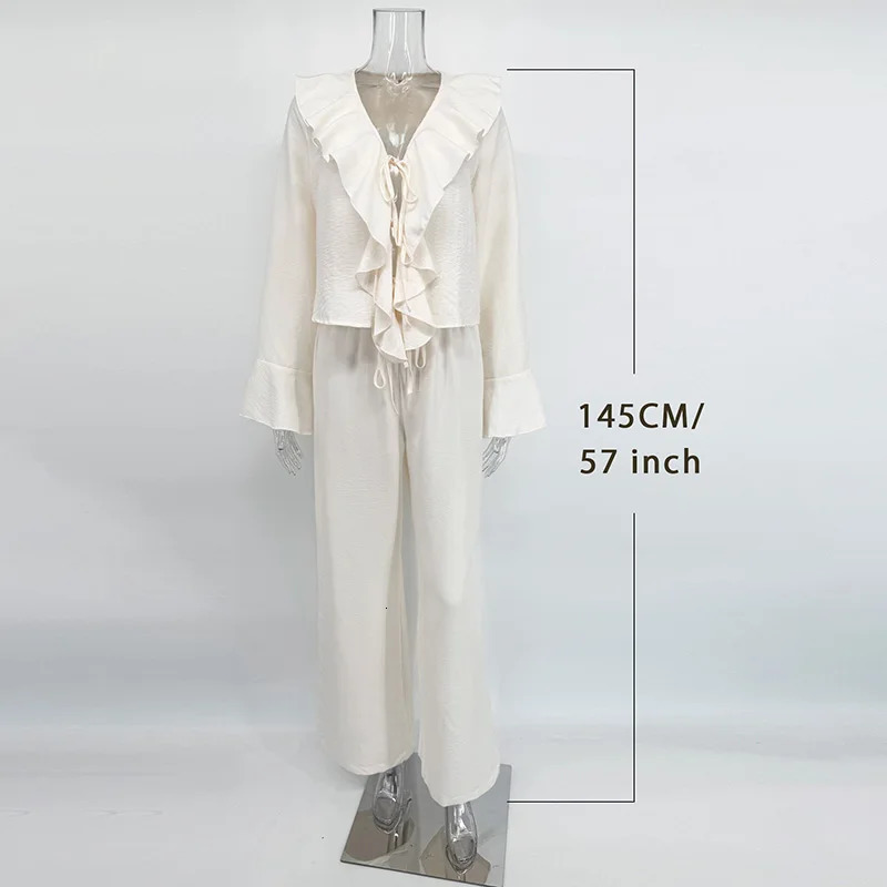 Tornova Ruffled Wideleg Pants Two Piece Set Female V Neck Long Sleeve T shirt Lace Up High Waist Loose Woman Casual Suit Solid 251013