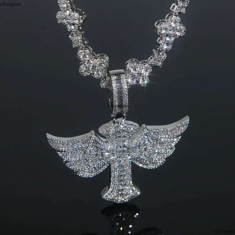 Hip Hop Wing Cross Pendant Necklace with Chain 5A Zircon White Gold Plated Religious Men Jewelry