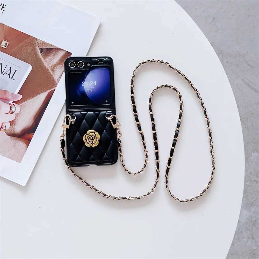 Leather Crossboby Phone Case for Galaxy Z Flip 7 6 5 4 3 Flip5 Flip4 Flip7 5G Chain Cord Rope Strap Shockproof Cover J251114