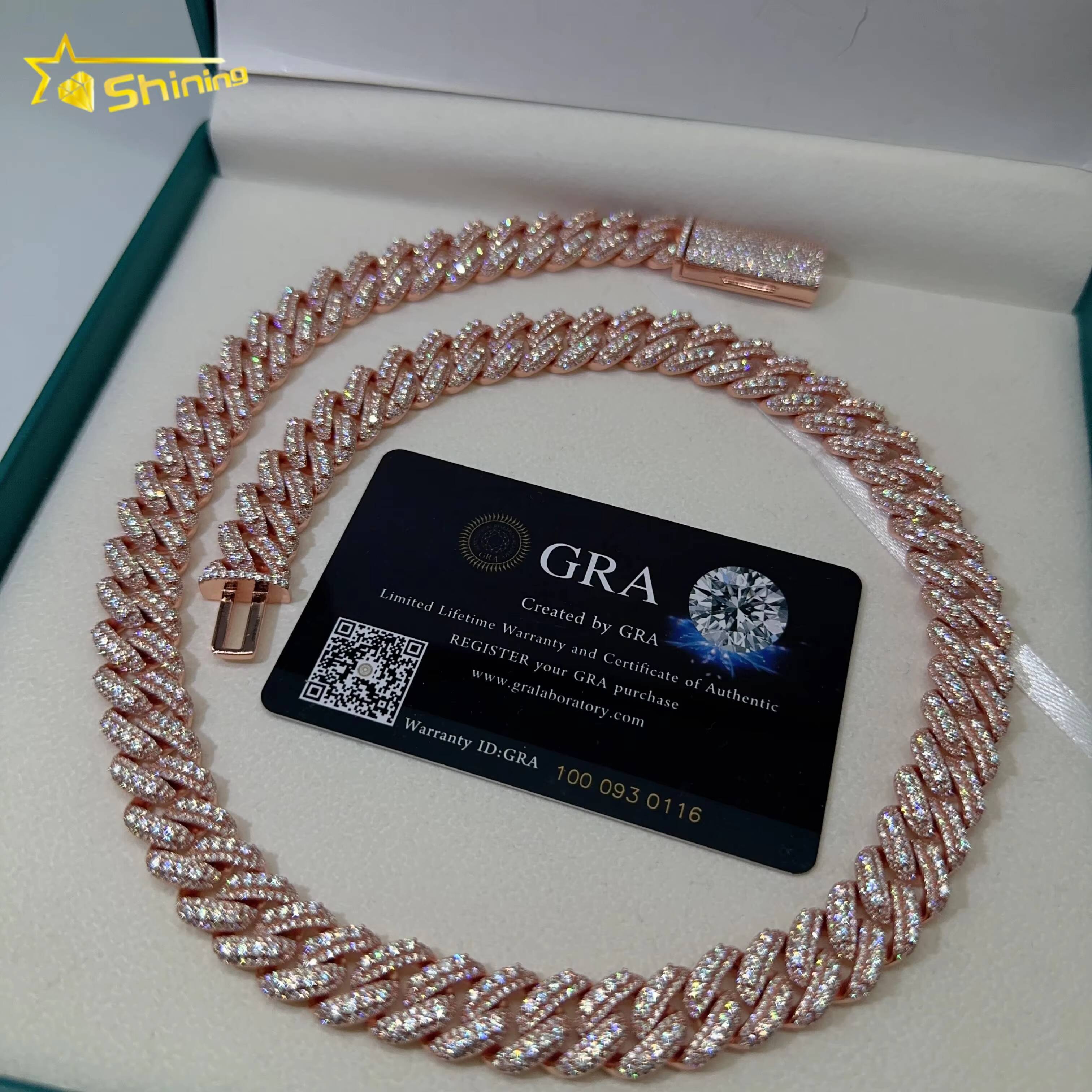 Hip Hop Jewelry 13MM Iced Out Cuban Necklace 925 Silver Rose Gold Plated VVS D Color Infinity Link Moissanie Cuban Link Chain