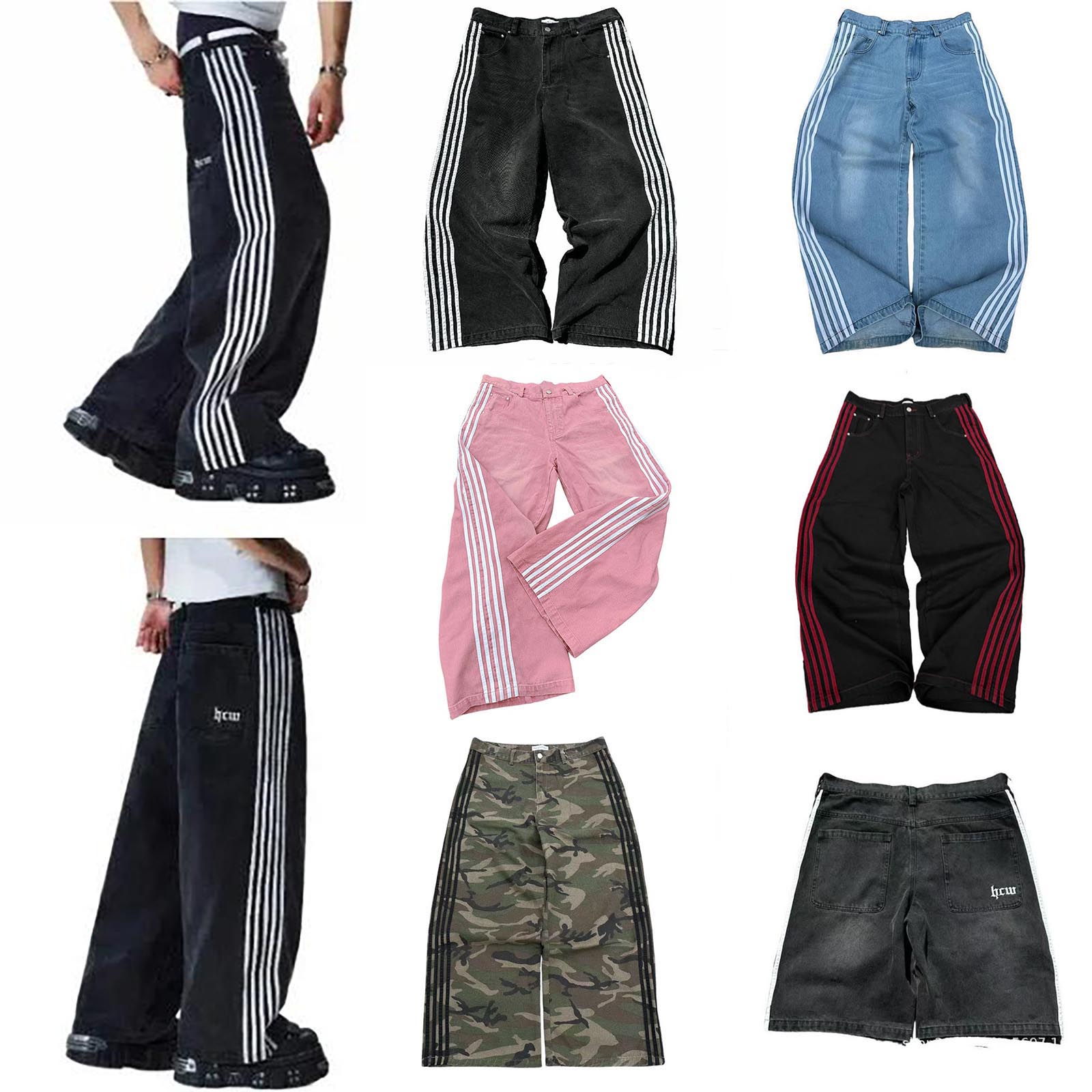 Men's Baggy Jeans Harajuku Goth For Men Black Striped Hip Hop Embroidery Wide Leg Denim Pants High Street Washed Denim Shorts Streetwear