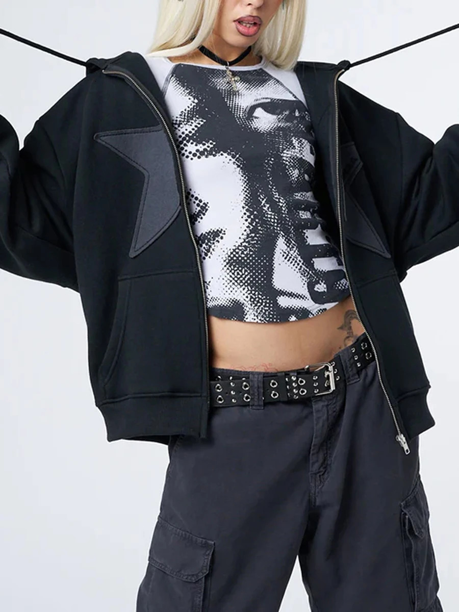 Y2K Vintage Star Print Hooded Hoodie for Women Casual Loose Long Sleeve Zip Up Drawstring Sweatshirts Autumn Spring Coat Street 251017