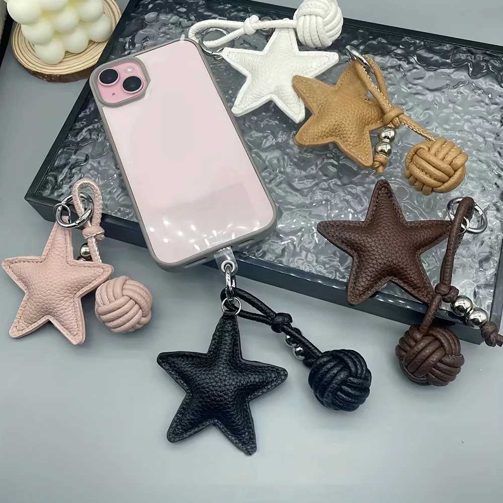 Leather Star Keychain Pentagram Car Keyring with Woven Leather Rope Ball Pendant Creative Bag Pendant Decoration for Women W251021