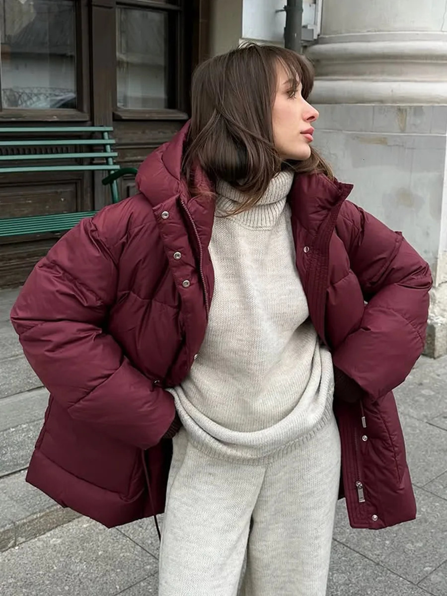 Bornladies 2025 Winter Women Wine Red Hooded Puffer Coat Drawstring Waist Zipper Warm Bread Jacket Outerwear 251013