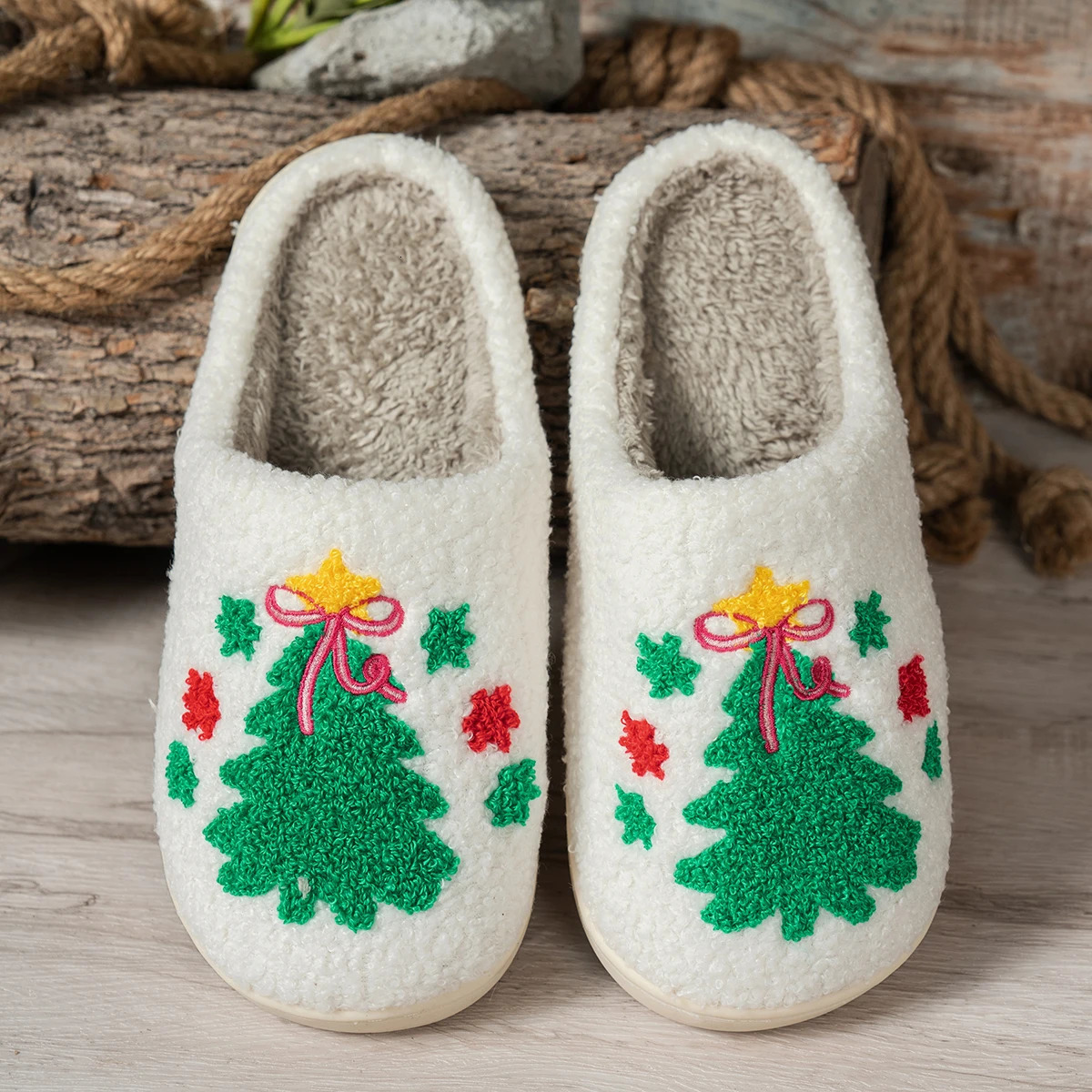 Christmas Tree Embroidery Pattern Winter Bedroom Cute Womens Slippers Cartoon Indoor Soft Casual Warm Cosy Plush Home Shoes 251021