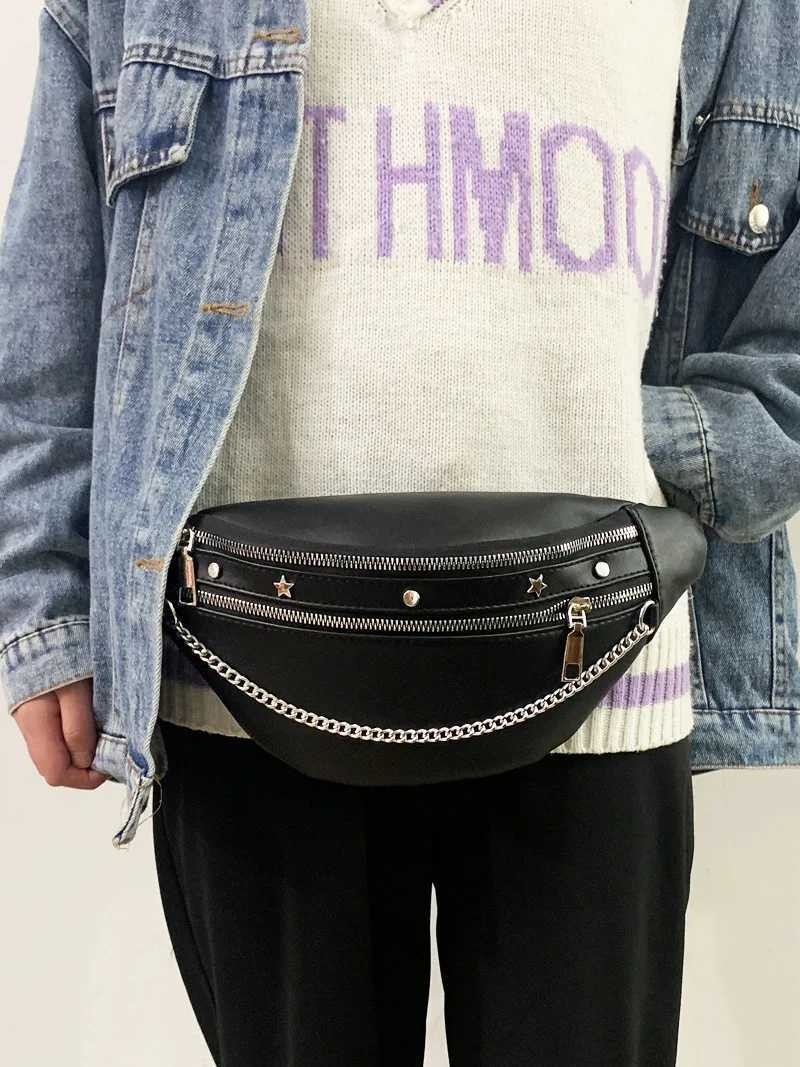 Cross body bag for women 2024 new PU waist bag punk chain rivet chest bag fashionable and trendy womens bag Z251021