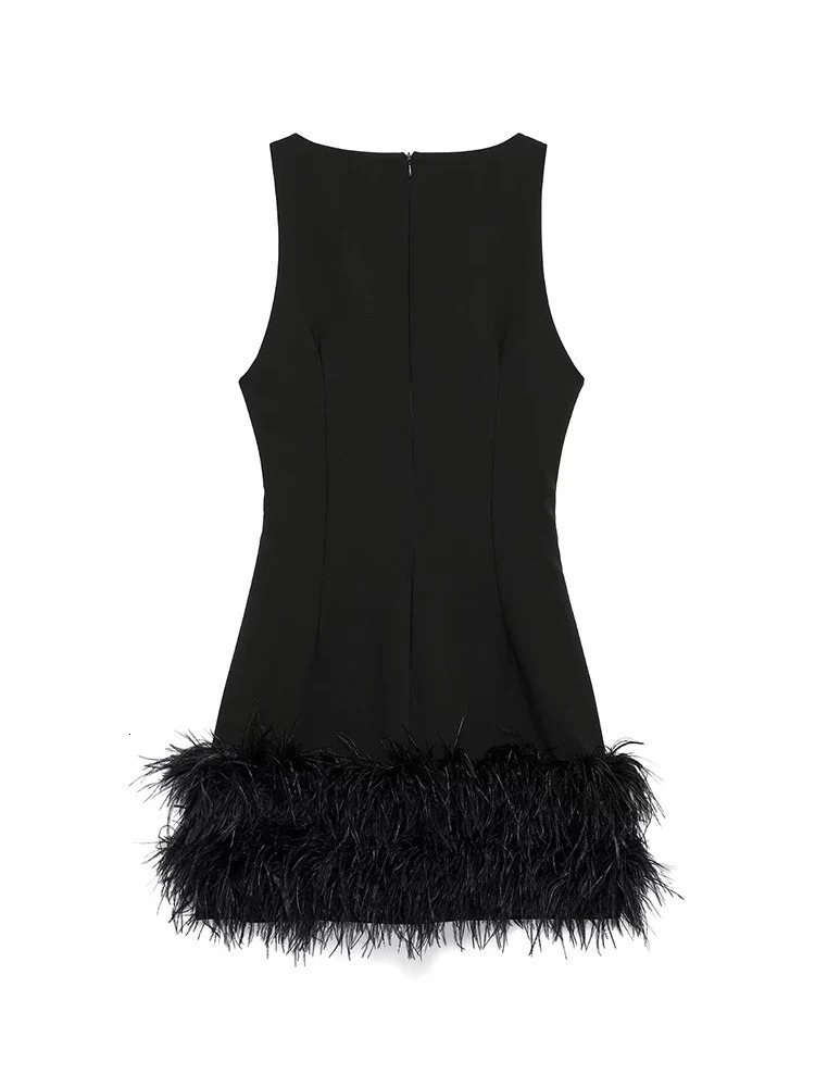 Womens Fashion Elegant French Splicing Feather Mini Dress Womens Sleeveless Round Neck Party Dresses Evening Gowns 251021