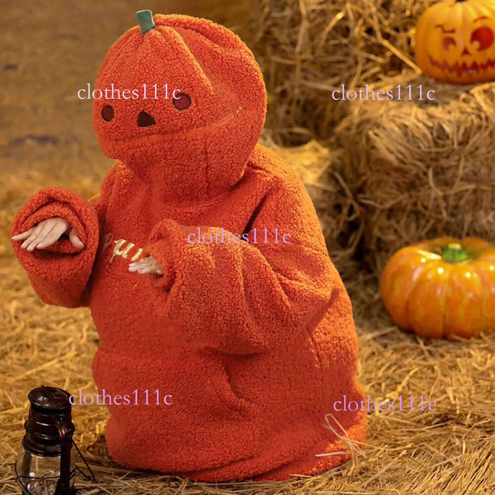 Autumn Hoodies Halloween Party Pumpkin Head Lamb Fleece Women Hooded Sweatshirt Embroidery Thicken Streetwear