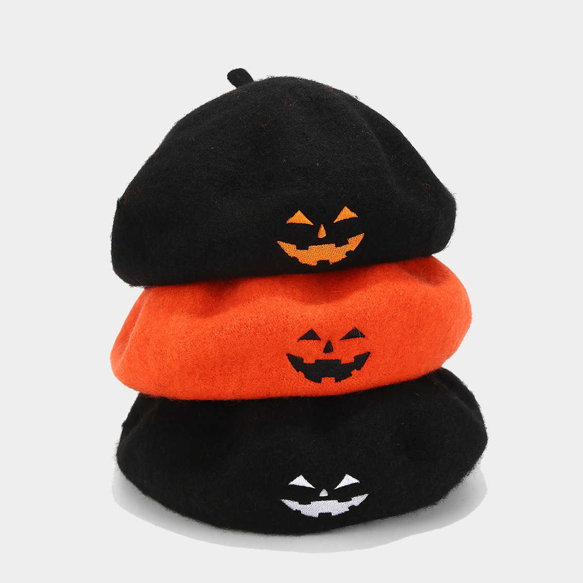 Skull Embroidery Halloween Hat for Women Trendy Personality Wool Beret Orange Pumpkin Hat H251020