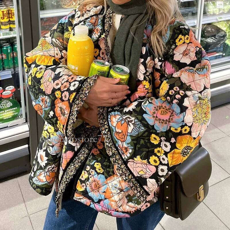 Vintage Floral Flower Printed Cotton Coat Women Fleece Thick Warm Long Sleeve Quilted Jacket Autumn Winter Women's Clothing womens coat