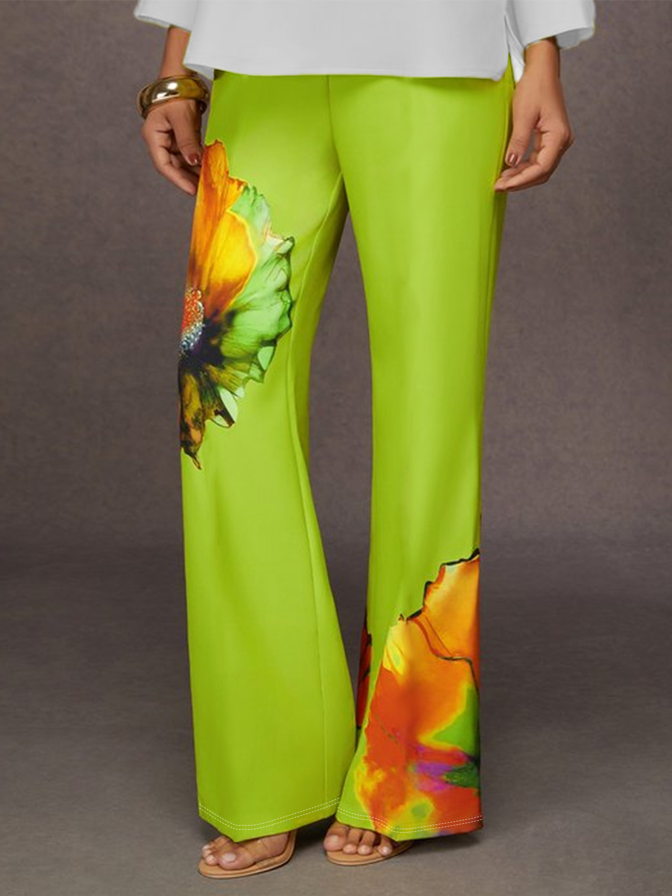 Women's Fashion Green Floral Printed Commute Casual Wide-Leg Pants, Milk Silk Versatile Trousers-CF52565
