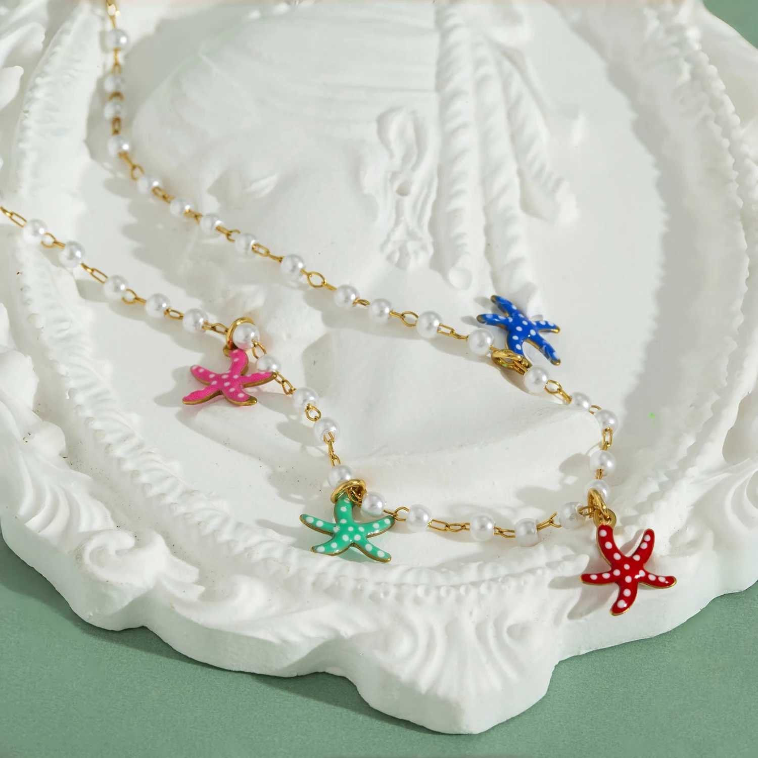 Colorful Starfish Pendant Pearl Necklace for Women Summer Beach Coastal Boho Hypoallergenic Stainless Steel Jewelry Gift XJ250717
