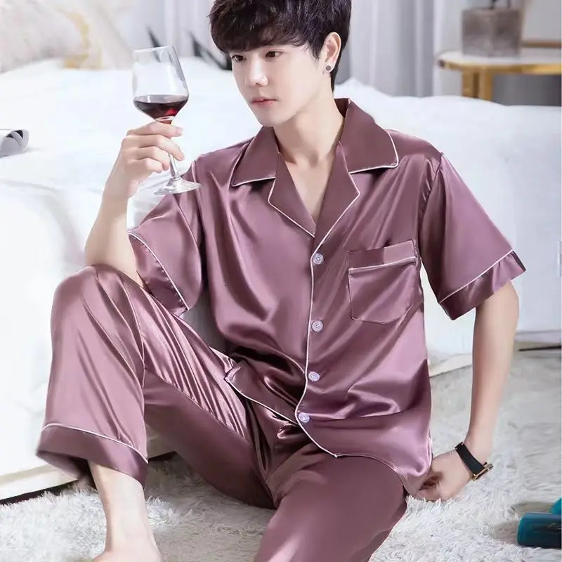 Ice Silk Pajamas Mens Summer ShortSleeved Trousers Thin HighEnd Simulated Silk PlusSize Loose Loungewear TwoPiece Set 251021