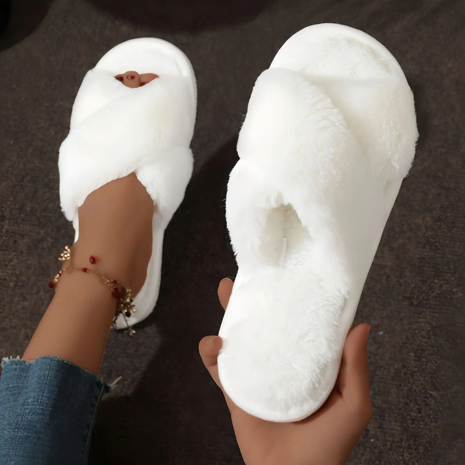 Womens Cross Band Fur Slippers Indoor Furry Fuzzy Open Toe Shoes Home Cozy Warm Slides Double Straps Slipper Soft Sole Non Slip 251021