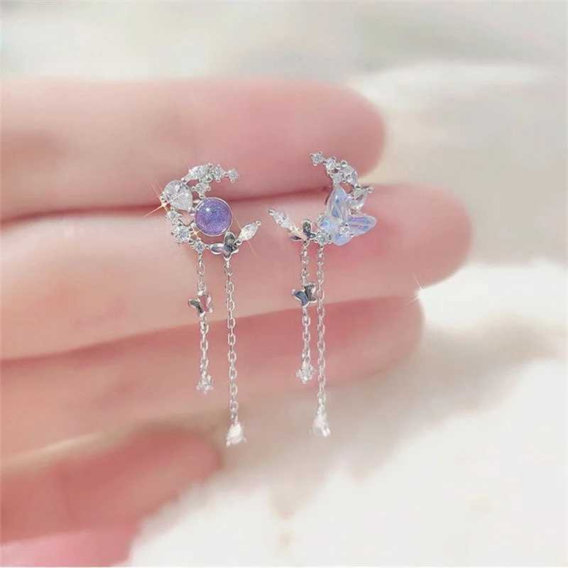 Charm Trend New Long Tassels Moon Dangle Earring For Women Girl Purple Crystal Butterfly Pendent Wedding Gift Party Jewelry J251021