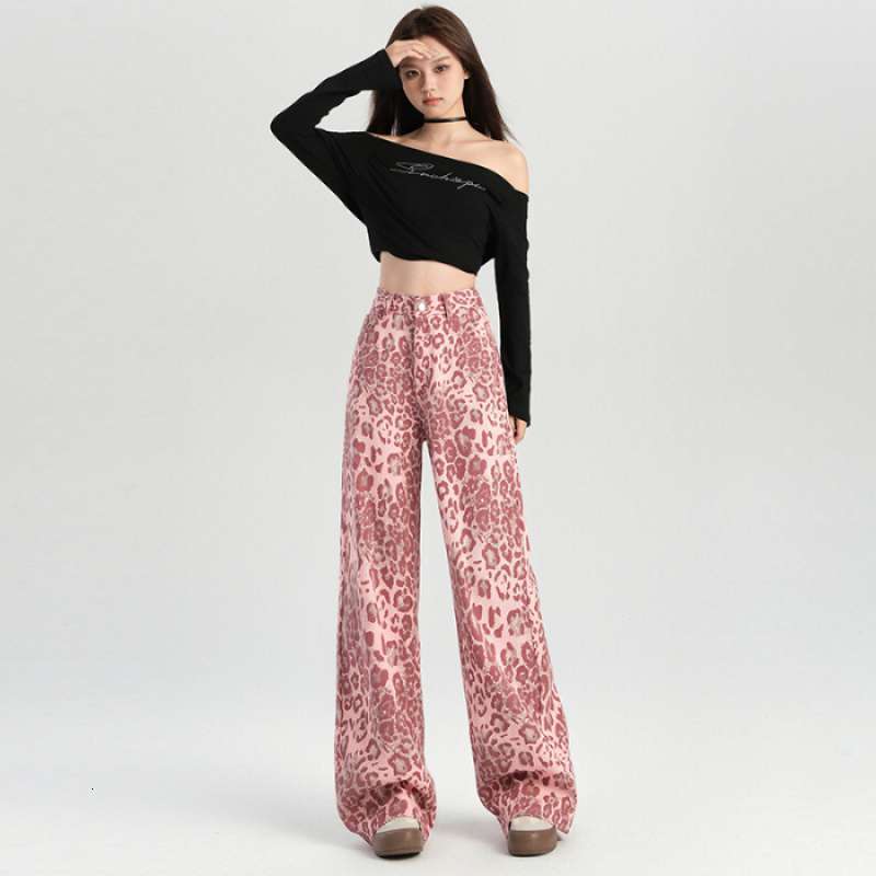 2025 Pink Leopard Pattern Designer Pants Women's Printed Jeans Autumn Thin Loose Autumn New High Waist Straight Tube Wide Leg Floor Length