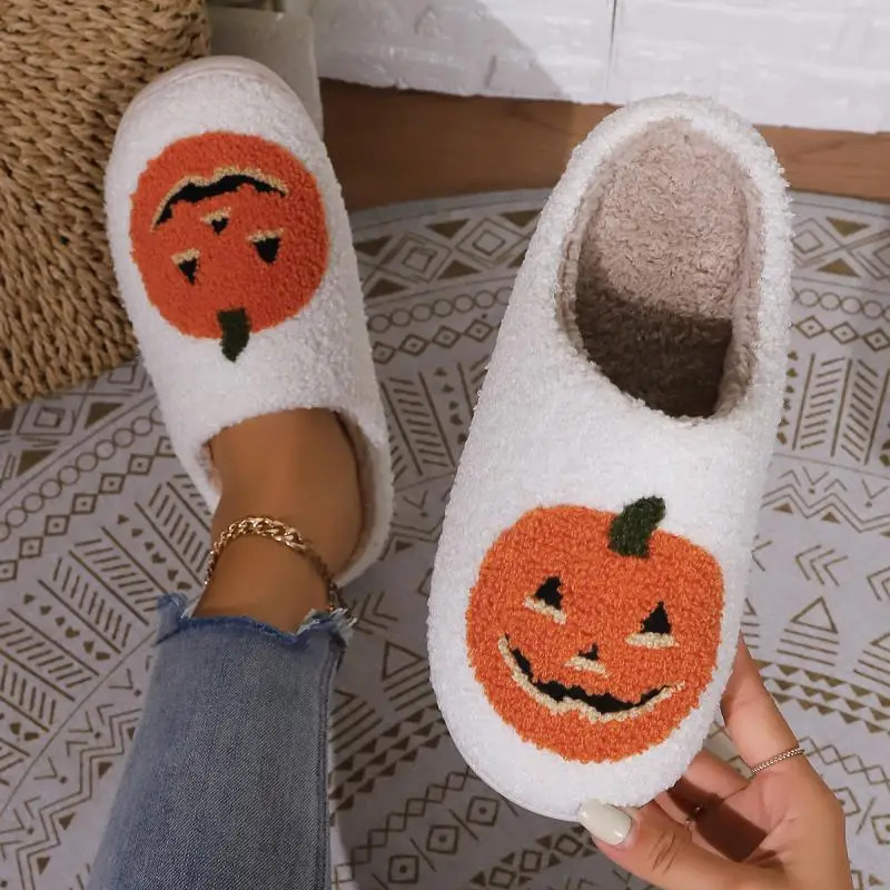 Cotton Fluffy Slippers Home Cartoon Pumpkin Platform Plush Slides Couple 2025 Funny Halloween Casual Shoes Women Indoor 251021