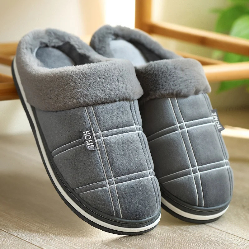Large size 5051 Plaid House Slippers for Man Memory Foam Winter Plush Indoor Male Shoes Warm Home Slippers Non Slip Black 251021