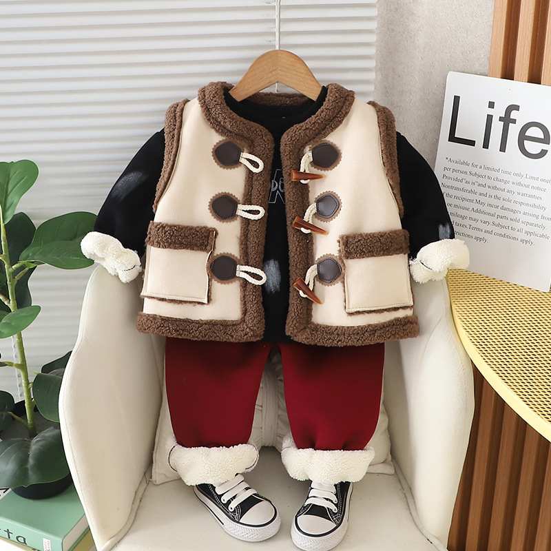 luxury kids clothing Ultra-Warm Kids 3-Piece Set 2025, Fleece-Lined Hoodie Vest Combo, Coordinated Winter Outfit for Toddlers Boys Girls