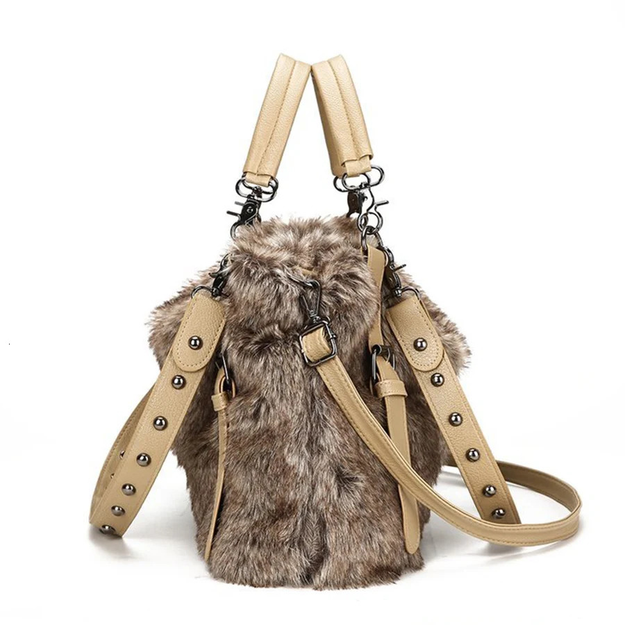Women Soft Plush Hand Bag Winter Camel Rivets Large Capacity Tote Bags Female Underarm Bags Faux Fur Shoulder Crossbody Bag 251021