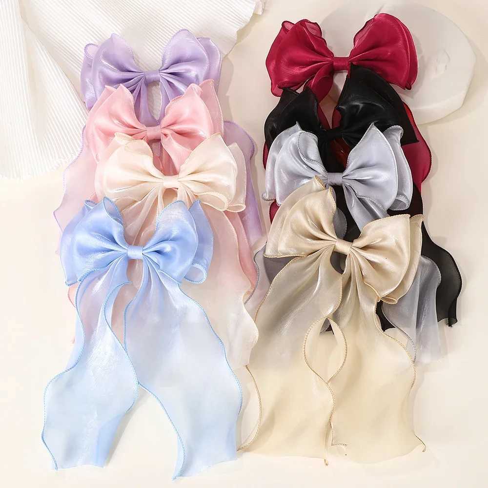 Chiffon Bow Hair Clips Girls Blue Shining Satin Bowknot Hair Clips Ribbon Bow Barrette Sweet Hairpin Grip Ponytail Clip HeadwearW254021