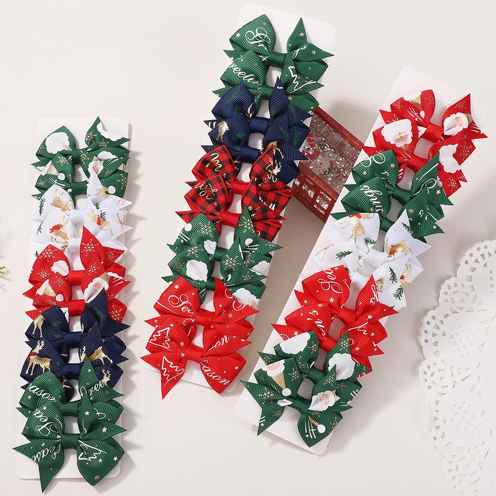 1020Pcs Christmas Snowman Santa Claus Bows Hair Clips Baby Girls Ribbon Bowknot Hairpin Kids Headwear Supplies Hair Accessories 251021