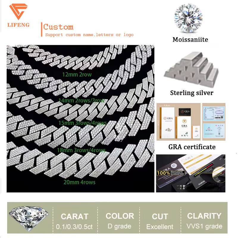 925 Silver Moissanite Cuban Link Chain for Men 8mm 12mm 14mm 15mm 16mm 18mm 20mm Iced Out Hip Hop Vvs Moissanite Fine Necklaces