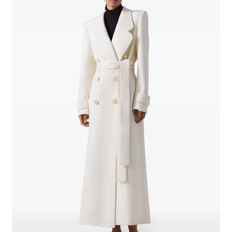 Winter Warm Women Woolen Coat Fashion White TurnDown Collar Long Wool Coat With Belt 251017