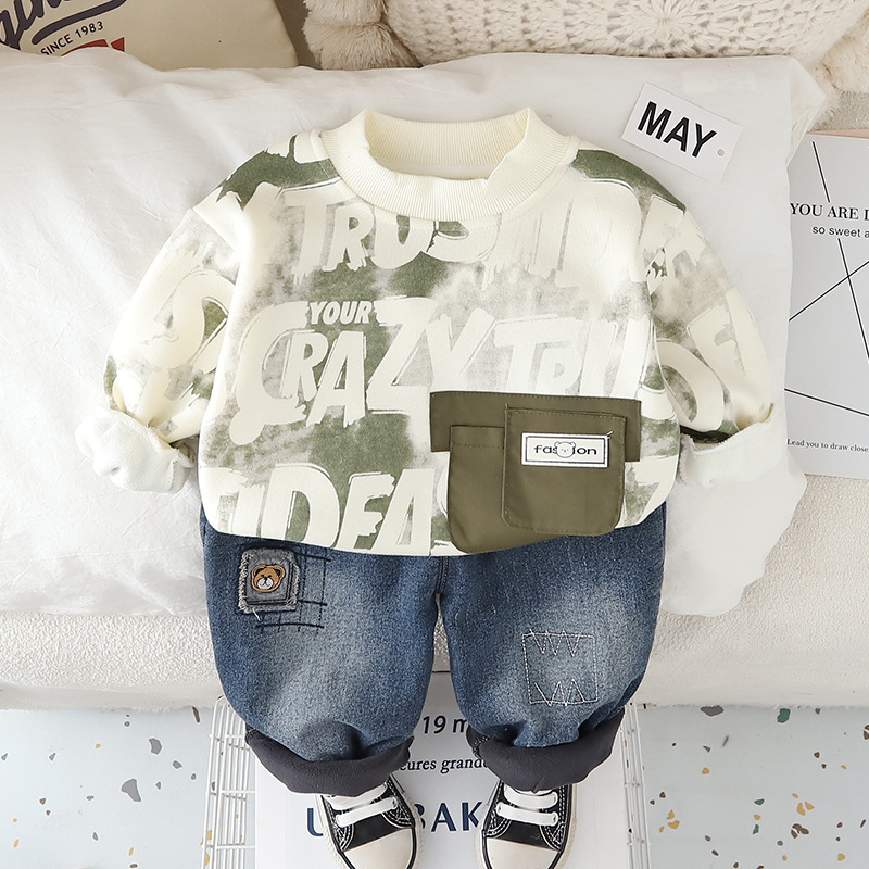 luxury kids clothing 2025 Boys Fleece-Lined Sweatshirt Set, Crewneck Jogger Outfit with Patch Pocket, Warm 2-Piece Autumn Winter Clothes