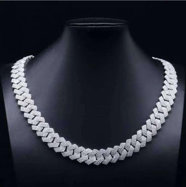 3row Moissanite Diamond Cuban Link Chain Fine Silver Iced Hip Hop Style Necklace High Quality Moissanite Cuban