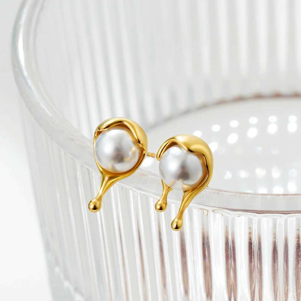 Irregular Molten Droplets Pearl Stud Earrings Stainless Steel Metal Waterdrop Earring Unusual Jewelry for Women J251021