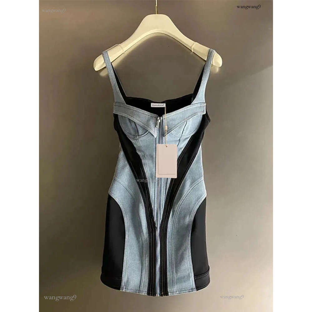 Basic Casual Dresses DEAT Women Denim Dress Sleeveless High Waist Patchwork Zipper Contrast Color Slim Strap 2023 Autumn Fashion 29L2908 231005