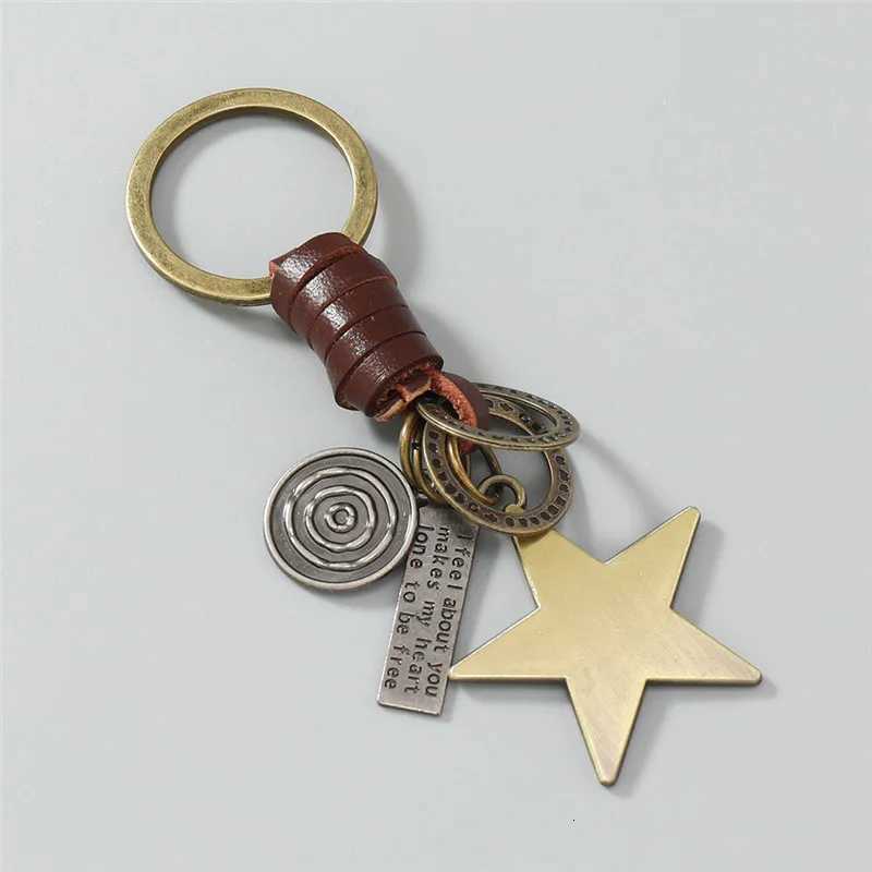 LETAPI Black Brown Leather Keychain for Men Punk Vintage Metal Star Pendant Car Key Accessories Jewelry Gifts W251021