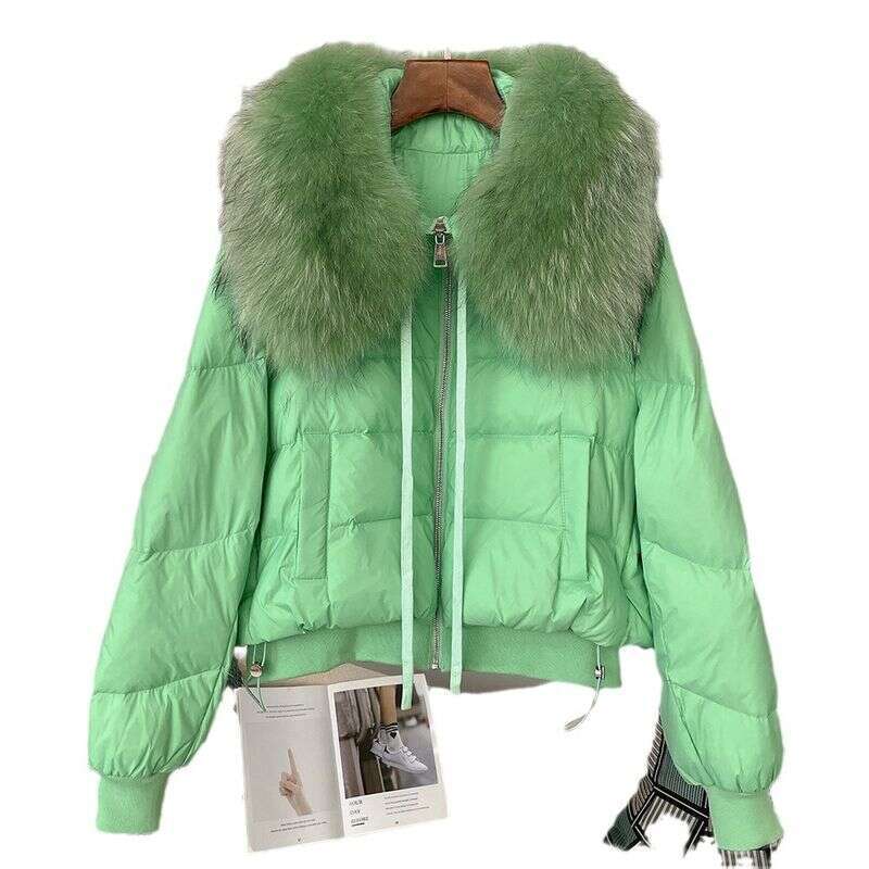 Women Clothing Ready to stock detachable oversized raccoon fur collar winter women short thickened white duck Warm jacket flat coat