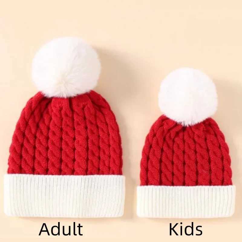 Adult Kids Cute Fluffy Ball Christmas Knitted Hat Winter Warm Santa Beanie New Year Party Gift Xmas Navidad Decoration J251021