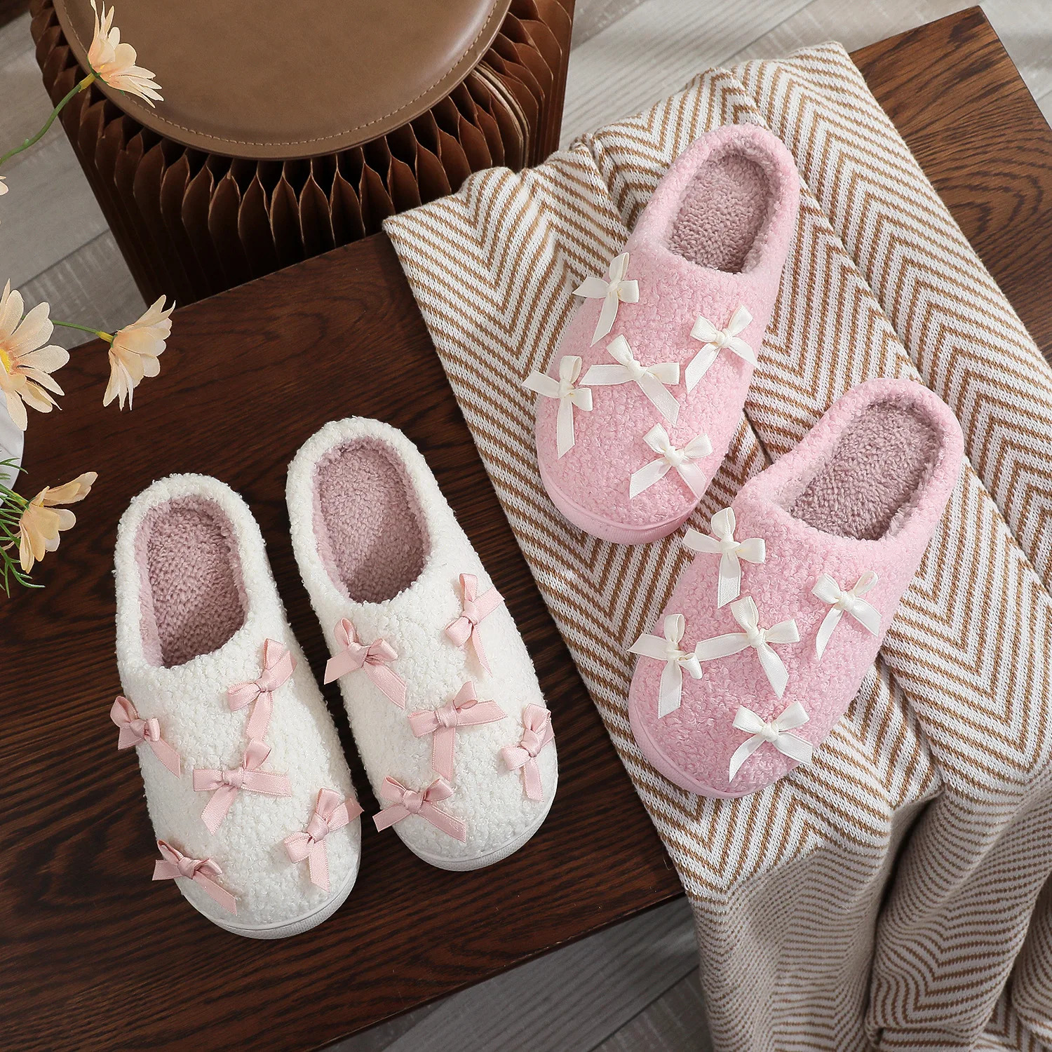 ins autumn and winter plush cotton slippers women warm indoor cute girl bow pink slippers 251021