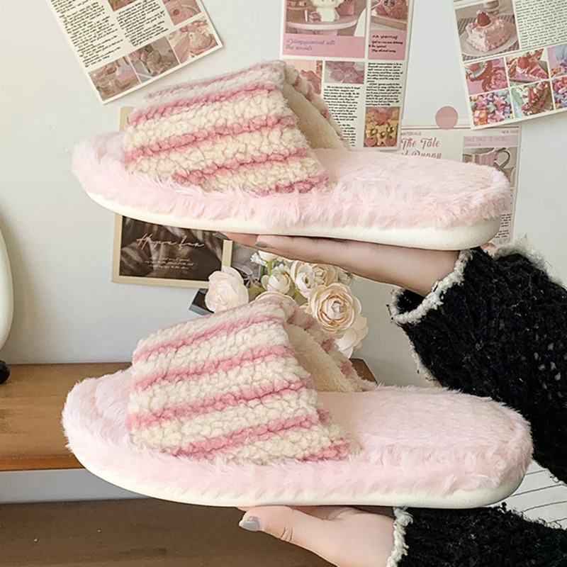 Korean Striped Fluffy Slippers Women 2025 Indoor Non Slip Open Toe Home Slides Woman Comfy Soft Sole Warm Cotton Slippers Female 251021