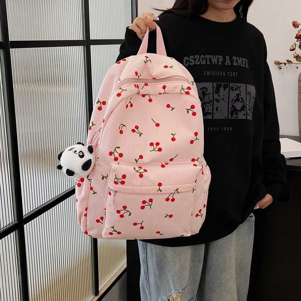 Corduroy Backpack Cherry Pattern Women Travel Daypack Adjustable Strap Laptop Backpack Rucksack for Work Shopping SchoolW251020