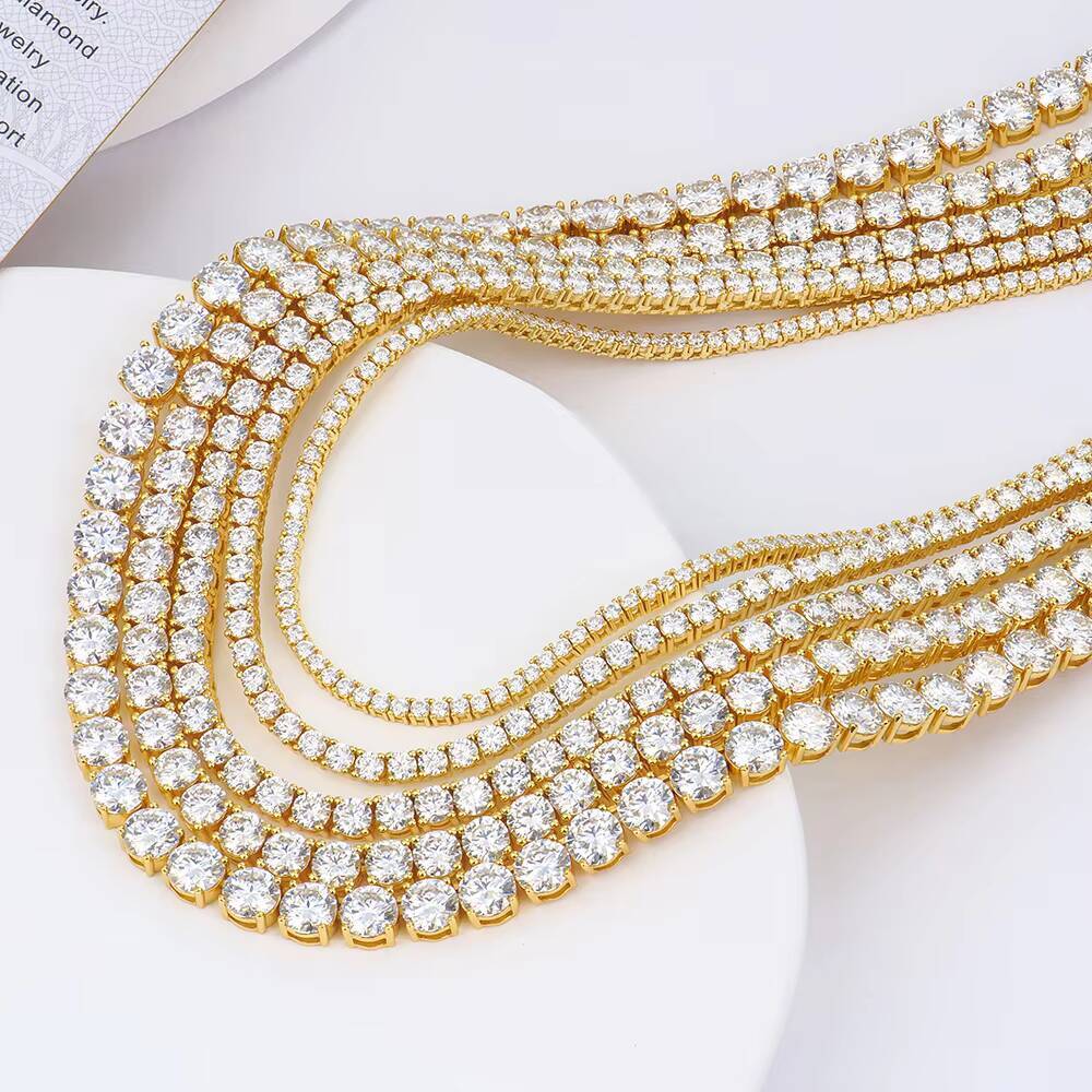Tennis Necklace 925 Sterling Silver 18K Gold Plated 34mm Round Cut Moissanite Diamond Tennis Chain for Women and Men 4 Prong