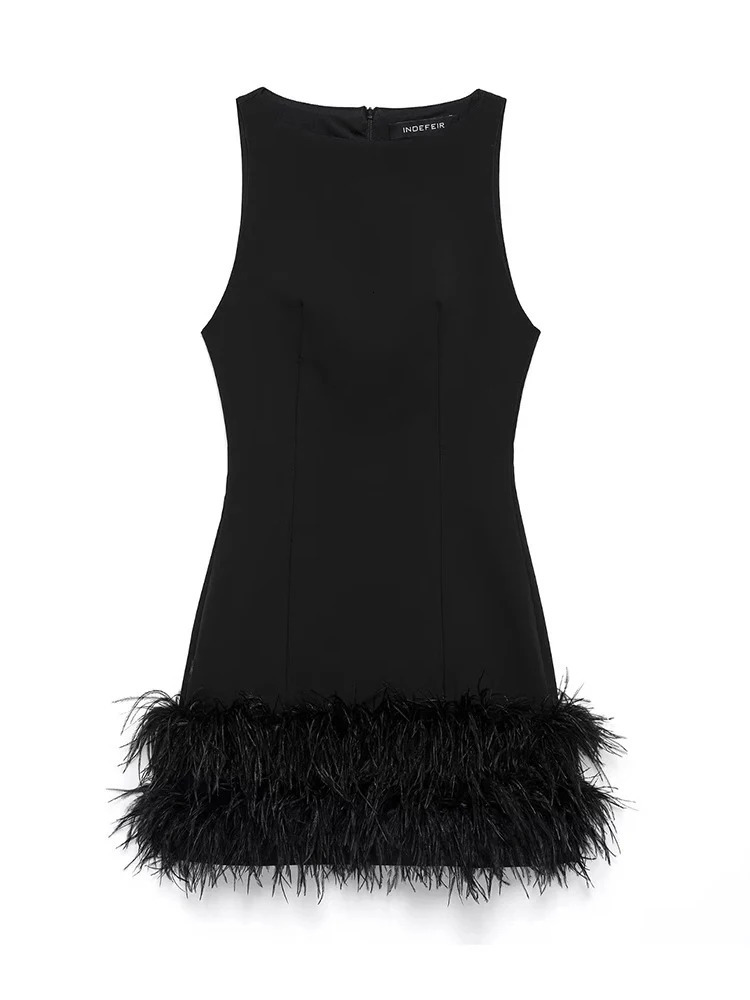 Womens Fashion Elegant French Splicing Feather Mini Dress Womens Sleeveless Round Neck Party Dresses Evening Gowns 251021