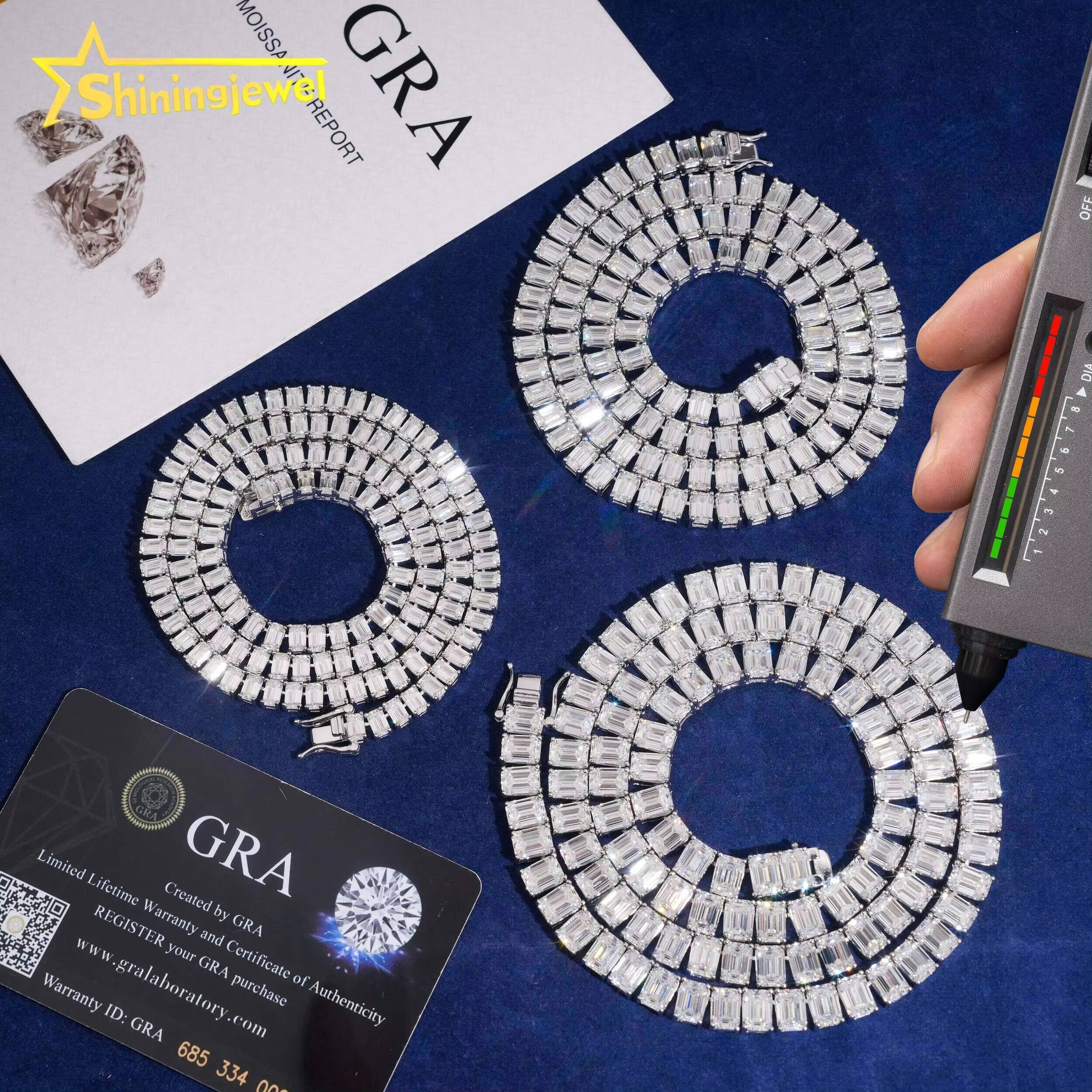 Hip Hop Jewelry 925 Silver Top Quality GRA Certificate Emerald Cut Moissanite Diamond Tennis Chain