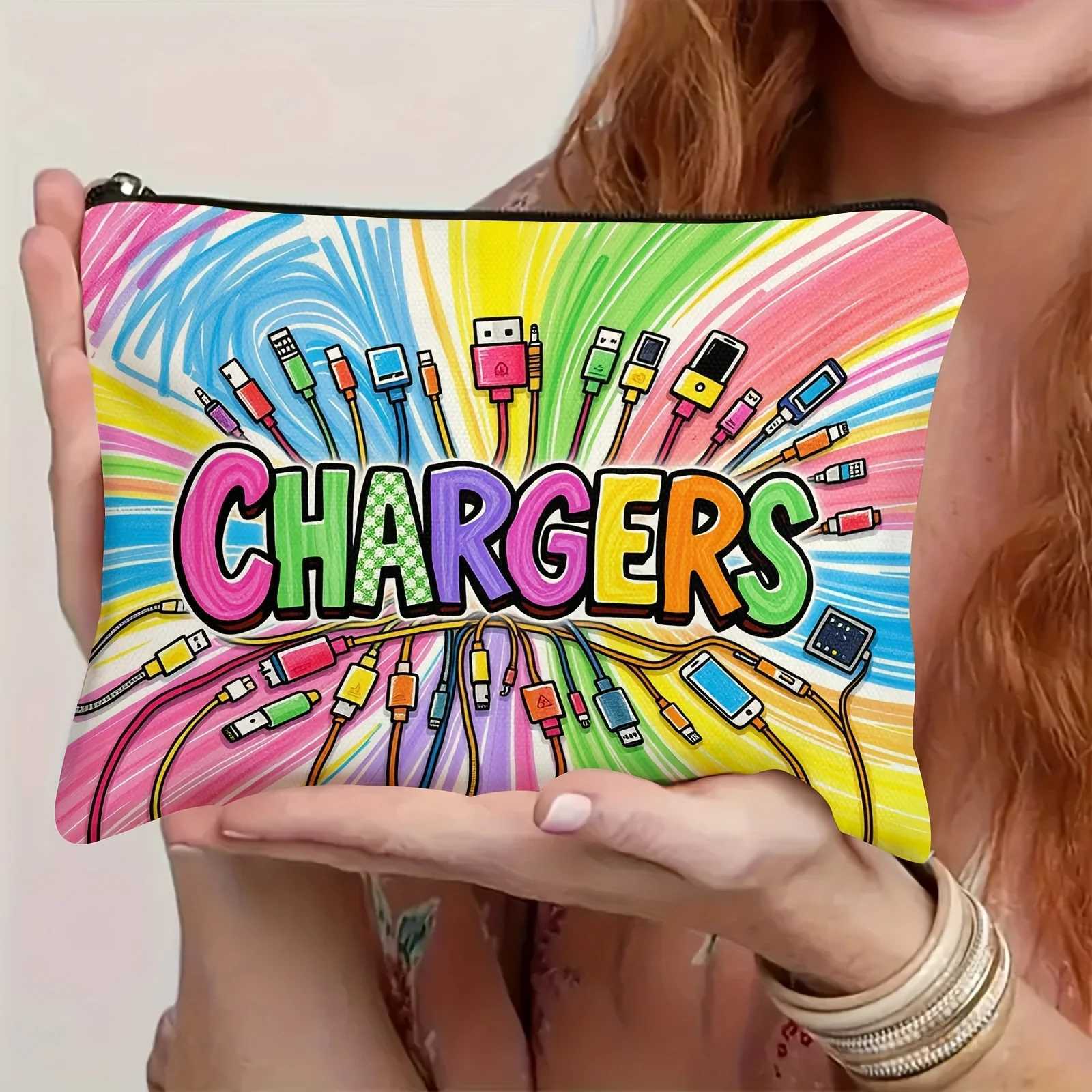 Crayon Drawing Style Charger Tech Illustration Makeup Bag Durable Fabric Zipper Pouch Compact Travel OrganizerW251021