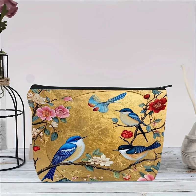 Lightweight Foldable Floral Bird Pattern Fabric Makeup Bag Zippered Cosmetic Pouch with Golden Background DesignW251021