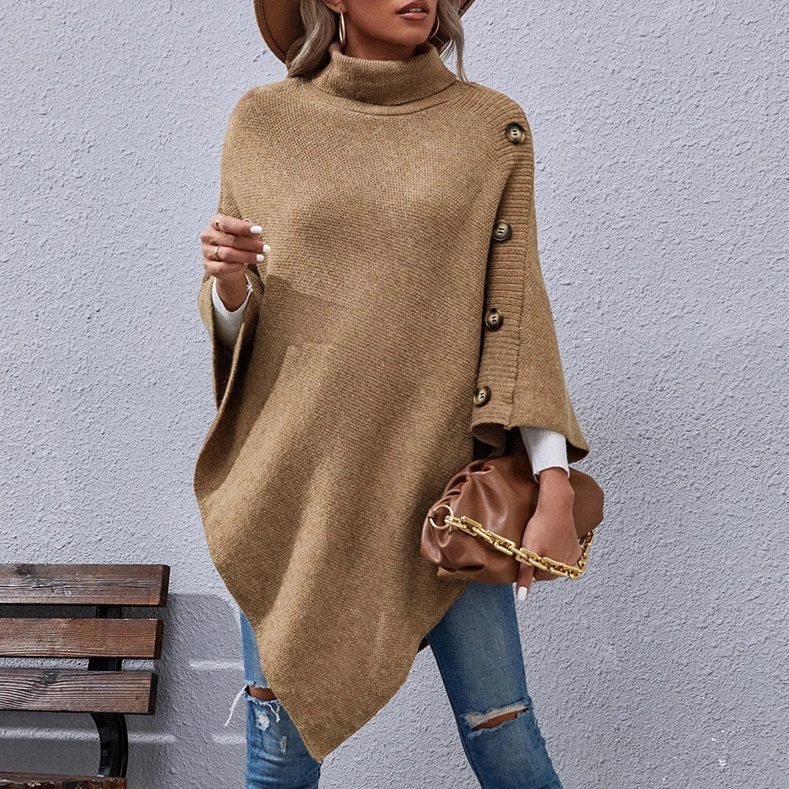 WomenS Fashion Temperament Casual Button Turtleneck Irregular Sweater Cape Coat Elegant Womens Shawl Scarf 251021