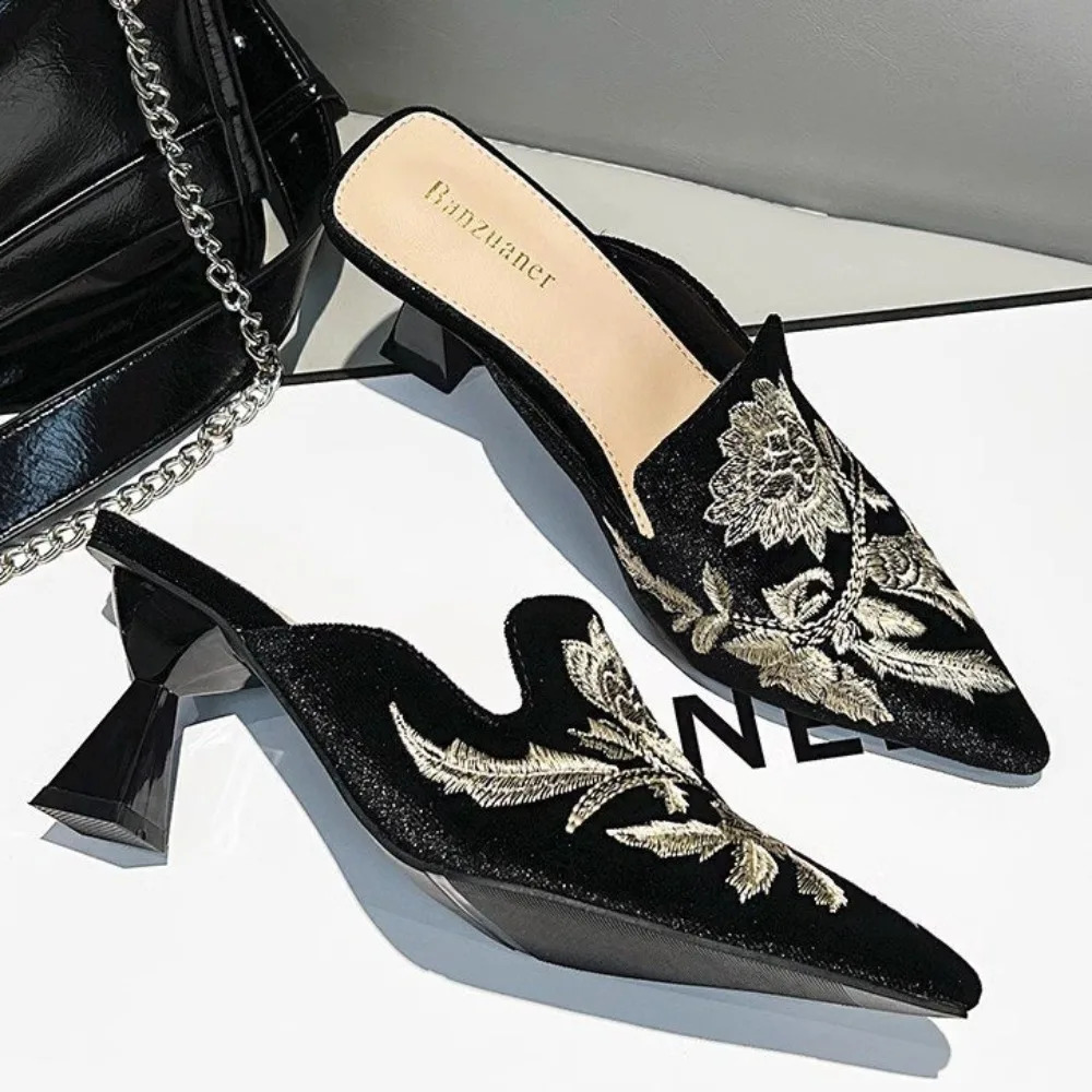 Slippers for Women in Summer 2025 Style Outerwear Chinese Embroidery Fine Heel Pointed Toe 251011