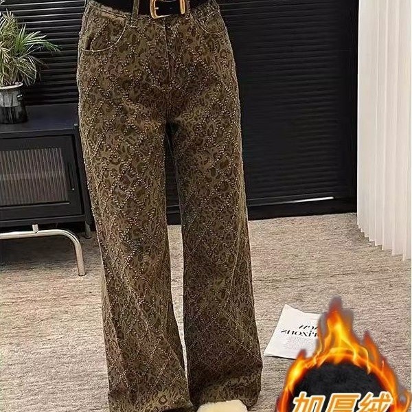2025 Fashion American New Autumn/Winter High Street Leopard Pattern Women's Jeans Straight Tube Wide Leg Luxury Pants Designer Pants