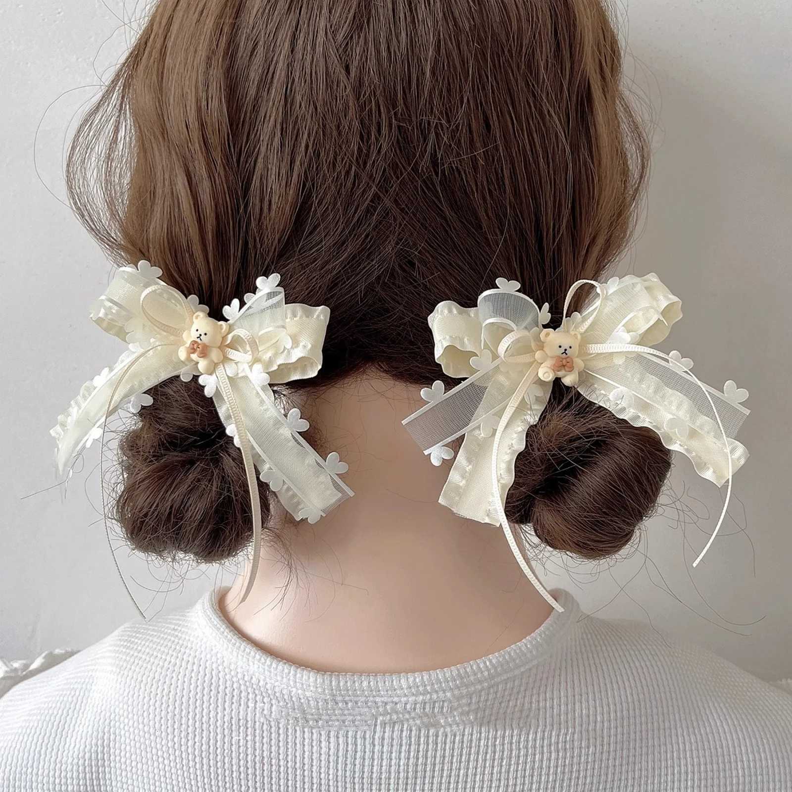 2PCS Cute Cream MultiLayer Ribbon Hair Clips Bangs and Seaside Clips Hair Rope Double Ponytail HeadwearW254021