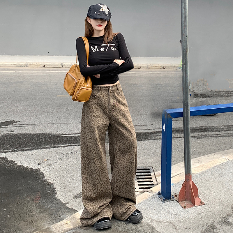 2025 heart-shaped embroidery retro leopard print designer pants print American wide leg loose new autumn and winter jeans long luxury pants long cotto