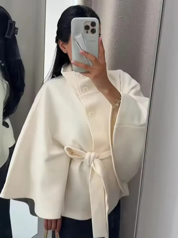 2026 Lace Up High Neck Jackets For Women Belt Faux Wool Blends Cape Coats Autumn Winter Warm Elegant Cloak Coat Ladies 251021